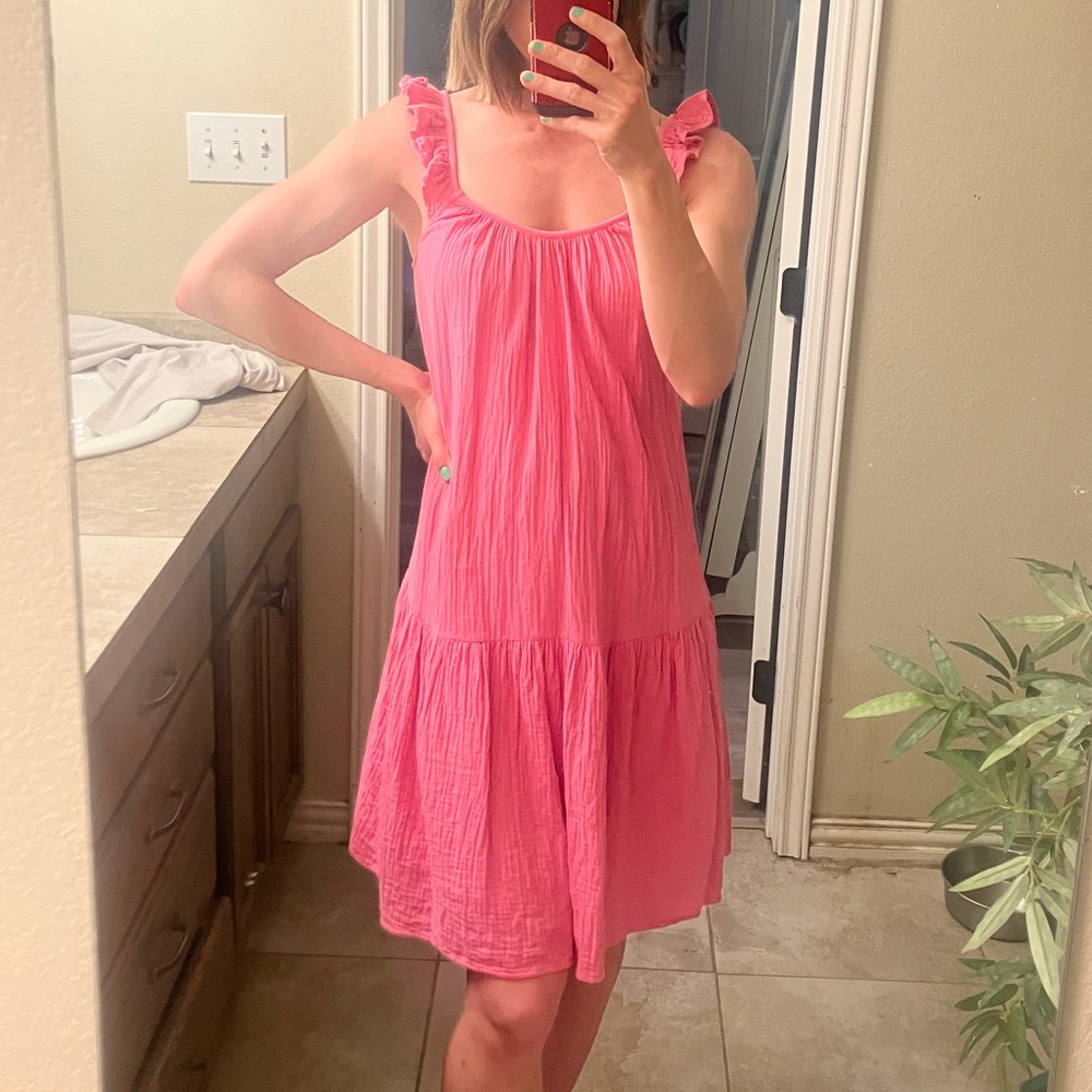 Boden cotton double gauze flutter sleeveless tiered midi dress, hot pink